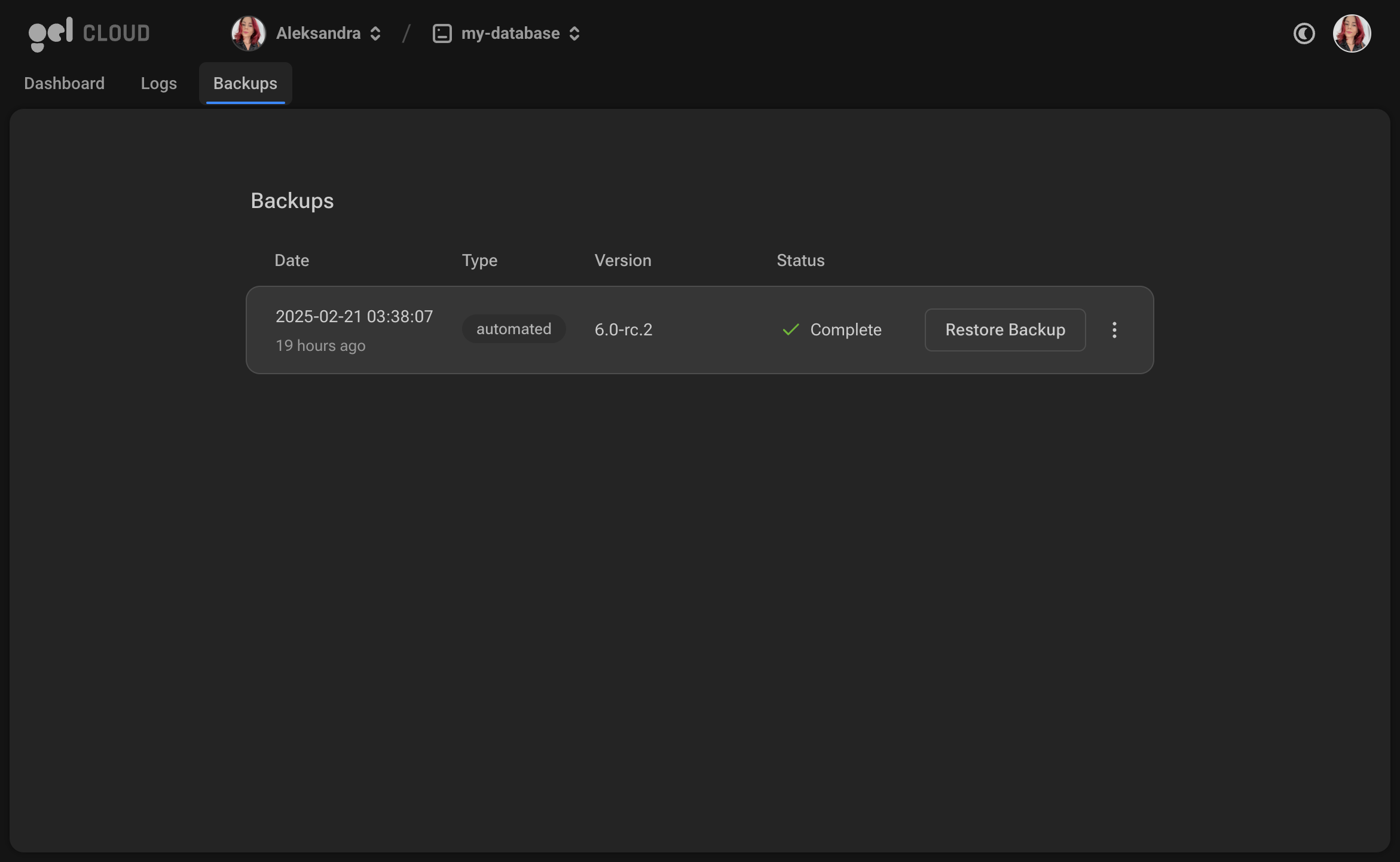Screenshot of instance backups page.