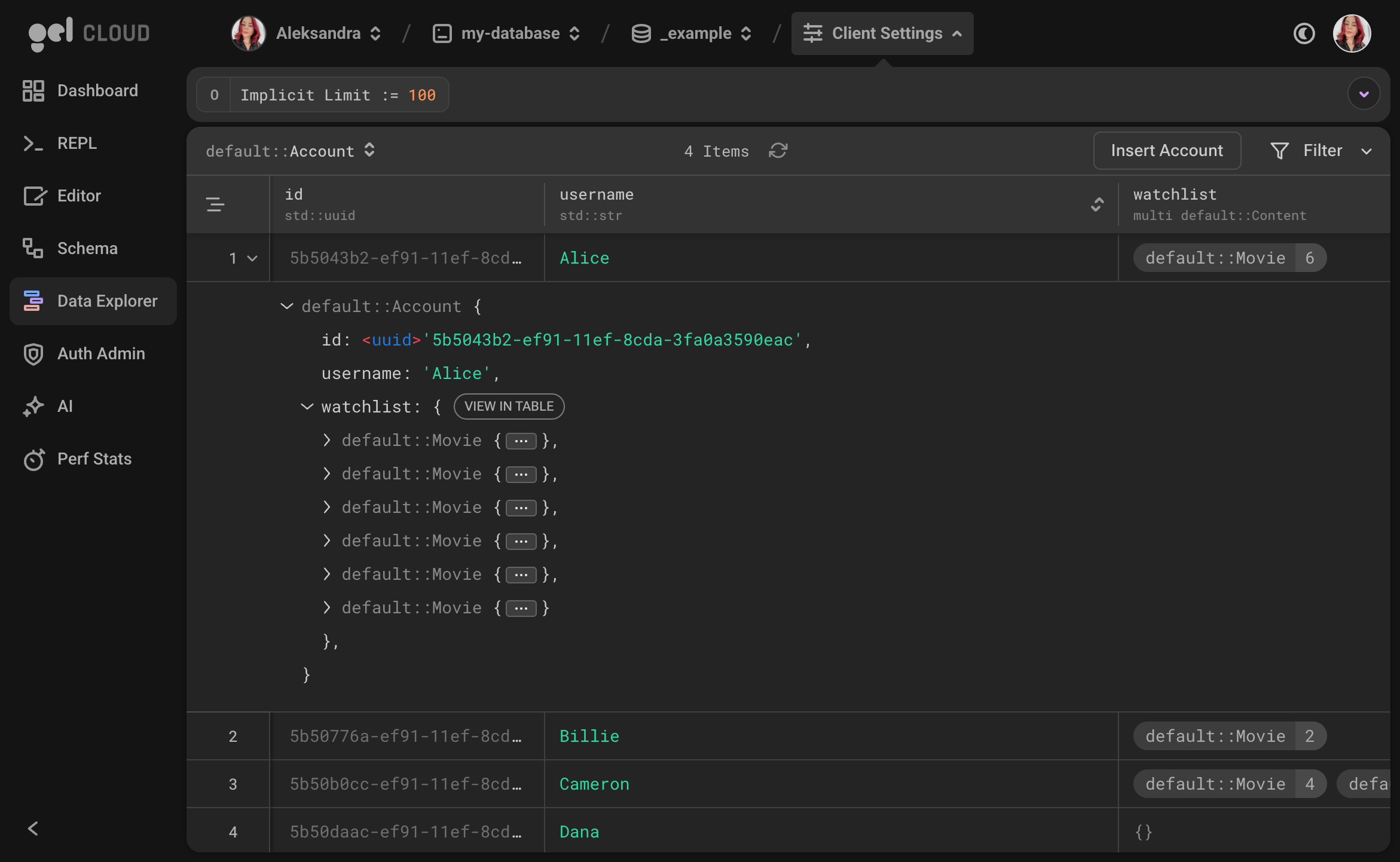 Screenshot of data explorer showing drilling down into a row.